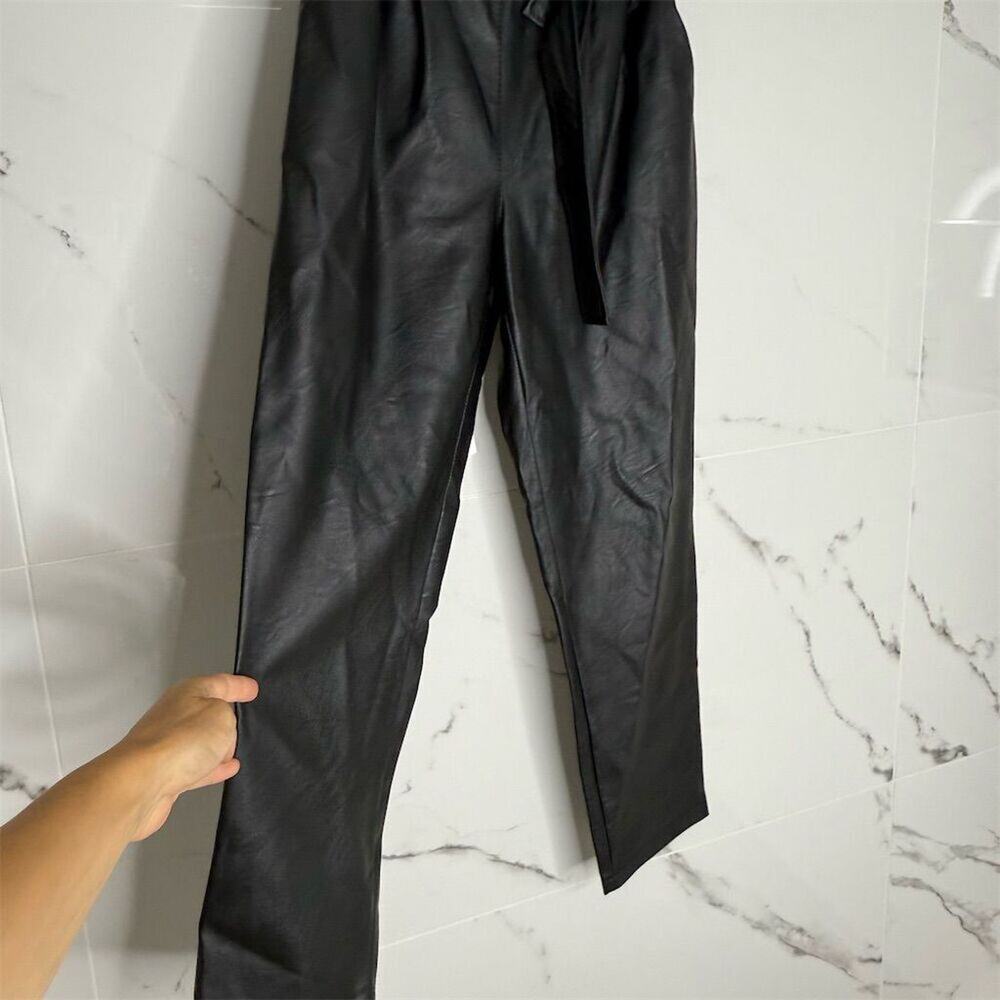 Women's Black Paperbag Pants with Belt Size M faux leather​ moto high waisted